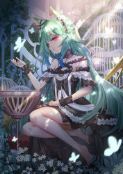 Rule 34 | 1girl, animal ears, bare shoulders, blush, bug, butterfly, cat ears, dress, fuyouchu, green hair, hair ornament, highres, hololive, insect, long hair, looking at viewer, open mouth, red eyes, skull hair ornament, solo, uruha rushia, uruha rushia (3rd costume), virtual youtuber