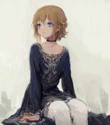 Rule 34 | 1girl, absurdres, arm support, arms at sides, black neckwear, blonde hair, blue dress, blue eyes, choker, commentary request, dress, highres, long sleeves, original, pantyhose, shion (mirudakemann), short hair, sitting, solo, white pantyhose