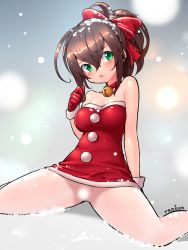 Rule 34 | 1girl, :o, artist name, bare shoulders, bell, bow, breasts, brown hair, censored, choker, christmas, dress, female focus, gloves, gradient background, green eyes, hair between eyes, hair bow, highres, jingle bell, legs, looking at viewer, no panties, open mouth, original, pantyhose, pom pom (clothes), ponytail, pussy, ranken, red bow, red dress, red gloves, red neckwear, santa costume, see-through, see-through legwear, short dress, short hair, sitting, snow, solo, spread legs, wariza, white pantyhose, wide spread legs