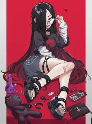 Rule 34 | 1girl, bag, bandaid, bandaid on knee, bandaid on leg, black hair, black nails, bong, borrowed character, choker, cigarette, commentary, cross, drugs, ear piercing, english commentary, feet, full body, glasses, handbag, highres, jewelry, k-rha&#039;s, lighter, long hair, long sleeves, looking at viewer, multiple rings, nail polish, open mouth, original, phone, piercing, ring, round eyewear, sandals, solo, spiked footwear, stuffed animal, stuffed toy, thigh strap, toes