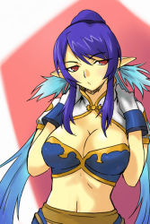 Rule 34 | 00s, 1girl, blue hair, breasts, cleavage, cleavage cutout, clothing cutout, elf, gloves, judith (tales), long hair, looking away, looking to the side, michael f91, midriff, navel, pointy ears, red eyes, short sleeves, solo, standing, tales of (series), tales of vesperia, upper body, white gloves