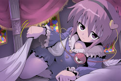 1girl bed come_hither female_focus komeiji_satori kurogarasu lying purple_eyes purple_hair ringed_eyes smile solo touhou