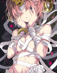 Rule 34 | 1girl, bandaged head, bandages, bangle, bare shoulders, black background, blue eyes, blush, bracelet, breast press, breasts, covering face, fate/grand order, fate (series), frankenstein&#039;s monster (fate), frankenstein&#039;s monster (swimsuit saber) (fate), frankenstein&#039;s monster (swimsuit saber) (third ascension) (fate), headgear, horns, jewelry, looking at viewer, medium breasts, naked bandage, one eye covered, parted lips, petals, pink hair, shino (eefy), shiny skin, short hair, simple background, single horn, solo, upper body