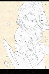 Rule 34 | 1girl, animal ears, aquaplus, bare shoulders, boots, breasts, cleavage, collarbone, cowboy shot, curly hair, eyelashes, from above, greyscale, highres, large breasts, looking to the side, medium hair, monochrome, munechika, nose, open mouth, pex, sidelocks, sleeveless, solo, strapless, swept bangs, taut clothes, thigh boots, thighs, tube top, utawarerumono, utawarerumono: itsuwari no kamen