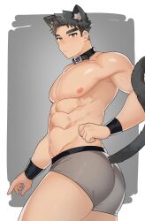 Rule 34 | 1boy, 9 panda 9, :/, absurdres, animal ears, ass, bara, boxer briefs, contrapposto, dog boy, dog ears, dog tail, feet out of frame, from side, highres, large pectorals, looking at viewer, male focus, male underwear, muscular, muscular male, navel, nipples, original, pectorals, short hair, sideburns, solo, tail, thick eyebrows, thick thighs, thighs, topless male, underwear