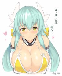 Rule 34 | 1girl, bare shoulders, bikini, blush, breasts, cleavage, dated, detached sleeves, fate/grand order, fate (series), green hair, hair ribbon, heart, heart-shaped pupils, horns, kiyohime (fate), kiyohime (swimsuit lancer) (first ascension) (fate), kuavera, large breasts, light smile, long hair, looking at viewer, ribbon, sidelocks, signature, simple background, solo, swimsuit, symbol-shaped pupils, white background, yellow bikini, yellow eyes, yellow ribbon