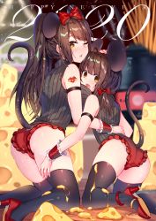 Rule 34 | 2020, 2girls, animal ears, arm strap, ass, bare shoulders, black legwear, black sweater, blurry, bow, breasts, brown eyes, brown hair, cheese, chinese zodiac, depth of field, fangs, food, frills, hair bow, happy new year, high heels, highres, kneeling, large breasts, long hair, looking at viewer, looking back, mole, mole on ass, mole under eye, mouse ears, mouse tail, multiple girls, new year, one eye closed, open mouth, original, panties, parted lips, ponytail, red footwear, red panties, ribbed sweater, sleeveless, sleeveless turtleneck, sweater, tail, thighhighs, turtleneck, underwear, usagihime, wrist cuffs, year of the rat