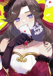 Rule 34 | 1girl, ace (playing card), ace of hearts, alice in wonderland, arm at side, bare shoulders, black collar, black gloves, blush, bow, brown hair, card, collar, collarbone, commentary, cosplay, covered mouth, crown, detached sleeves, einein810, frilled sleeves, frills, gloves, hair bow, half updo, hand up, happy birthday, head tilt, heart, highres, holding, holding card, long hair, long sleeves, looking at viewer, mini crown, official alternate costume, parted bangs, playing card, purple eyes, queen of hearts (alice in wonderland), queen of hearts (alice in wonderland) (cosplay), red bow, red shirt, shirt, shoujo kageki revue starlight, shoujo kageki revue starlight -re live-, sidelocks, solo, sparkle, strapless, strapless shirt, tendou maya, tilted headwear, twitter username, two-tone shirt, two of hearts, upper body, white shirt, yellow background
