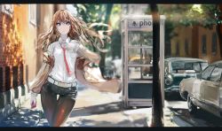 Rule 34 | 1girl, artist request, belt, blonde hair, blurry, building, car, cellphone, city, day, depth of field, grey eyes, highres, jacket, jacket off shoulders, long hair, long sleeves, looking at viewer, loose necktie, makise kurisu, motor vehicle, necktie, off shoulder, outdoors, pants, pantyhose, pantyhose under shorts, phone, phone booth, shadow, shirt, shorts, solo, standing, steins;gate, thigh gap, thighhighs, tree, utility pole, vehicle, white shirt, wing collar
