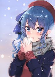 Rule 34 | 1girl, :d, absurdres, beret, blue bow, blue eyes, blue hair, blue jacket, blush, bow, breathing on hands, commentary request, earrings, grey scarf, hair between eyes, hair bow, hands up, hat, highres, hololive, hoshimachi suisei, jacket, jewelry, long sleeves, one side up, open clothes, open jacket, open mouth, plaid, plaid scarf, red hat, red sweater, scarf, sleeves past wrists, smile, snowing, solo, star (symbol), star in eye, steepled fingers, striped, striped bow, sweater, symbol in eye, teeth, tilu, upper body, upper teeth only, virtual youtuber