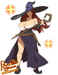 Rule 34 | 1girl, agawa ryou, artist name, bad id, bad tumblr id, breasts, cleavage, dragon&#039;s crown, hat, huge breasts, long hair, red eyes, red hair, simple background, solo, sorceress (dragon&#039;s crown), staff, standing, thighs, watermark, web address, witch hat