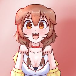 Rule 34 | 1girl, :d, animal ears, black bra, blush, bra, braid, breasts, brown eyes, brown hair, buttons, choker, cleavage, collar, collarbone, dog ears, dress, fangs, female focus, gradient background, hair between eyes, hands up, happy, highres, hololive, inugami korone, jacket, medium breasts, open mouth, red background, red choker, shiny skin, short hair, simple background, smile, solo, standing, theartistaurora, tongue, twin braids, underwear, upper body, virtual youtuber, white dress, yellow jacket