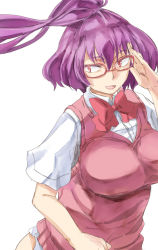 Rule 34 | 1girl, bespectacled, blouse, bow, bowtie, breasts, collared shirt, contemporary, fang, glasses, large breasts, long hair, no pants, open mouth, pink-framed eyewear, pink bow, pink bowtie, ponytail, purple eyes, red eyes, shirt, smile, solo, touhou, upper body, vest, white shirt, yasaka kanako, yohane