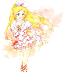 Rule 34 | 10s, 1girl, blonde hair, boots, choker, cure rhythm, frills, green eyes, heart, highres, jewelry, long hair, magical girl, minamino kanade, open mouth, precure, ribbon, smile, solo, suite precure, white choker