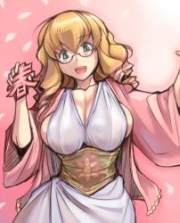 Rule 34 | 1girl, bespectacled, blonde hair, blush, breasts, cleavage, cosplay, glasses, green eyes, haru-chan, haru-chan (cosplay), hinaichigo, large breasts, nhk (broadcaster), aged up, open mouth, rozen maiden, sideboob, smile, solo, tsuda nanafushi
