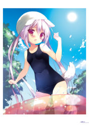 Rule 34 | 1girl, :d, animal ears, arms up, bare arms, bare shoulders, blue one-piece swimsuit, blue sky, blush, cloud, covered navel, day, dog ears, dog girl, dog tail, fang, gluteal fold, hair between eyes, hat, highres, long hair, looking at viewer, one-piece swimsuit, open mouth, original, outdoors, purple hair, red eyes, school swimsuit, shiratama (shiratamaco), shiroi inu, sidelocks, sky, smile, solo, striped clothes, striped thighhighs, sun, swim cap, swimsuit, tail, thighhighs, transparent, tree, twintails, very long hair, wading pool, water, white hat