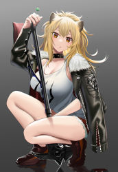 Rule 34 | 1girl, absurdres, animal ears, arknights, black choker, black jacket, blonde hair, breasts, brown eyes, candy, choker, cleavage, collar, collarbone, cutoffs, eyebrows hidden by hair, food, full body, fur-trimmed jacket, fur-trimmed shorts, fur trim, gou d, gradient background, hammer, highres, holding, holding candy, holding food, holding lollipop, jacket, large breasts, lion ears, lion girl, lion tail, lollipop, open mouth, ponytail, red legwear, red shorts, short shorts, shorts, siege (arknights), simple background, sledgehammer, solo, squatting, studded choker, studded collar, tail, tank top, war hammer, weapon, white tank top
