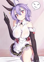 Rule 34 | 1girl, apron, arm at side, arm support, azur lane, bare shoulders, bed sheet, black gloves, black skirt, blush, bow, breasts, button gap, closed mouth, collarbone, commentary, covered erect nipples, detached collar, elbow gloves, english commentary, evil smile, frilled apron, frills, fur-trimmed gloves, fur trim, gloves, hairband, hand up, hanging breasts, head tilt, heart, high-waist skirt, highres, holding, holding marker, kent (azur lane), large breasts, looking at viewer, marker, marshall k, miniskirt, naughty face, no bra, on bed, petticoat, purple hair, raised eyebrow, red bow, red eyes, see-through, shirt, short hair, skirt, sleeveless, sleeveless shirt, smile, smirk, solo, sparkle, thighs, waist apron, white apron, white shirt
