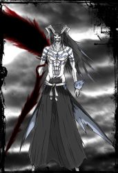 Rule 34 | 1boy, abs, alternate hair length, alternate hairstyle, arrancarfighter, bankai, black hair, black sclera, bleach, claws, colored sclera, colored skin, covered mouth, energy, energy wings, full body, getsuga, holding, holding sword, holding weapon, hollow (bleach), hollow ichigo, horns, japanese clothes, katana, kurosaki ichigo, large wings, long hair, male focus, single wing, solo, spiked hair, sword, tattoo, tensa zangetsu (bankai), topless male, torn clothes, weapon, white skin, wings, yellow eyes