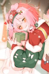 Rule 34 | 1girl, animal ears, arknights, blue bow, bow, braid, cat ears, christmas, christmas present, detached sleeves, floppy ears, floral print, fur-trimmed sleeves, fur trim, gift, goldenglow (arknights), goldenglow (maiden for the bright night) (arknights), green sleeves, hairband, head tilt, heart, highres, holding, holding gift, long hair, looking at viewer, messy hair, official alternate costume, pcaccount13, pink hair, print hairband, red shirt, shirt, solo, yellow eyes