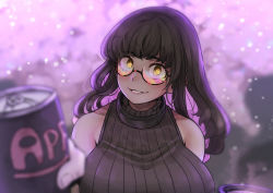 Rule 34 | 1girl, absurdres, bare shoulders, black sweater, blurry, blurry foreground, breasts, brown hair, can, collar, commentary, depth of field, drink can, english commentary, glasses, grin, highres, holding, holding can, huge breasts, long hair, looking at viewer, metal collar, mistimagi, mistimagi (character), mole, mole under eye, original, portrait, purple background, ribbed sweater, semi-rimless eyewear, sleeveless, sleeveless turtleneck, smile, soda can, solo, sweater, turtleneck, under-rim eyewear