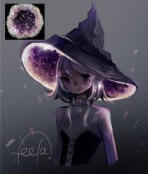 Rule 34 | 1girl, feefal, geode, glint, gradient background, grey background, hat, highres, looking at viewer, original, short hair with long locks, smile, solo, upper body, witch hat