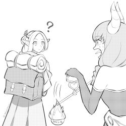 Rule 34 | 2girls, ?, aura (sousou no frieren), backpack, bag, balance scale, bare shoulders, braid, capelet, character name, confused, crossover, demon girl, demon horns, dungeon meshi, elbow gloves, elf, eye contact, fire, folded hair, french braid, gloves, hair up, hand up, heart, highres, holding scale, hood, hood down, hooded capelet, horns, long hair, long sleeves, looking at another, looking to the side, marcille donato, masakimaru, monochrome, multiple girls, nervous sweating, open mouth, parted bangs, pointy ears, robe, scared, simple background, sousou no frieren, strapless, sweat, tongue, tongue out, twitter username, weighing scale