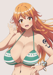 Rule 34 | 1girl, :d, bikini, blush, bracelet, breasts, collarbone, commentary request, green bikini, grey background, highres, jewelry, kojirou!, large breasts, log pose, long hair, looking at viewer, nami (one piece), navel, one piece, open mouth, orange eyes, orange hair, shoulder tattoo, simple background, smile, solo, swimsuit, tattoo, upper body
