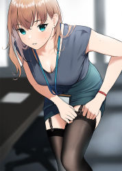 Rule 34 | 1girl, adjusting clothes, adjusting legwear, black thighhighs, blonde hair, blue eyes, blurry, blurry background, blush, breasts, cleavage, commentary request, doushimasho, earrings, garter straps, green skirt, grey shirt, highres, indoors, jewelry, lanyard, leaning forward, long hair, looking at viewer, mole, mole on arm, mole on breast, mole on cheek, mole under mouth, office lady, original, parted lips, pencil skirt, shirt, short sleeves, skirt, solo, standing, thighhighs, v-neck