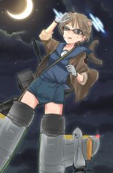Rule 34 | 1girl, animal ears, anti-aircraft, anti-aircraft gun, aohashi ame, black jacket, blouse, blue shirt, brown eyes, brown hair, carrying, cloud, cloudy sky, commentary request, crescent moon, flying, gloves, gun, hand on own head, highres, hirschgeweih antennas, jacket, moon, night, night sky, no pants, one-piece swimsuit, one eye closed, original, parted lips, rimless eyewear, sailor collar, shading eyes, shirt, short hair, sky, sleeves rolled up, solo, star (sky), starry sky, striker unit, sunglasses, swimsuit, swimsuit under clothes, weapon, weapon on back, weapon request, white gloves, world witches series