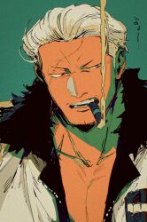 Rule 34 | 1boy, cigar, close-up, green background, highres, jacket, kabane (rjev8385), male focus, one piece, simple background, smoker (one piece), solo, stitched face, stitches, undercut, white hair, white jacket