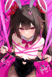 Rule 34 | 1girl, absurdres, animal ears, arm ribbon, armlet, bare shoulders, black leotard, blunt bangs, blurry, blush, bow, bowtie, breasts, breasts apart, breasts out, brown hair, cc lin, center-flap bangs, chinese commentary, closed mouth, clothing cutout, commentary request, cowboy shot, cuffs, depth of field, detached collar, eyelashes, fake animal ears, fishnet pantyhose, fishnets, flower tattoo, hair ornament, handcuffs, hands up, heart cutout, highleg, highleg leotard, highres, honkai: star rail, honkai (series), leotard, leotard pull, long hair, long ribbon, looking at viewer, medium breasts, nail polish, necktie, nipples, paid reward available, pantyhose, pink background, pink bow, pink bowtie, pink nails, pink necktie, pink ribbon, playboy bunny, presenting, pulling own clothes, rabbit ears, rabbit hair ornament, rabbit hole (vocaloid), red eyes, ribbon, seductive smile, short necktie, simple background, smile, solo, sparkle (honkai: star rail), straight hair, sweat, tattoo, tsurime, twintails, very long hair, w arms, x hair ornament
