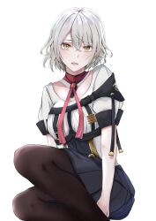 Rule 34 | 1girl, :d, absurdres, black pantyhose, black skirt, breasts, brown eyes, commentary request, feet out of frame, girls&#039; frontline, grey hair, hair between eyes, highres, looking at viewer, medium breasts, open mouth, pantyhose, pleated skirt, puffy short sleeves, puffy sleeves, satsumaagee, shirt, short sleeves, simple background, skirt, smile, solo, vector (girls&#039; frontline), white background, white shirt