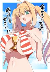 Rule 34 | 1girl, ahoge, akitokage, bikini, blonde hair, blush, breast press, breast suppress, breasts, cleavage, cloud, cloudy sky, collarbone, criss-cross halter, fate/grand order, fate (series), green eyes, hair intakes, halterneck, highres, holy grail (fate), jewelry, large breasts, long hair, looking at viewer, navel, nero claudius (fate), nero claudius (fate) (all), nero claudius (swimsuit caster) (fate), one eye closed, outdoors, side-tie bikini bottom, sky, smile, solo, striped bikini, striped clothes, swimsuit, translation request, twintails