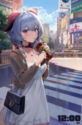 Rule 34 | 1girl, absurdres, ahoge, alternate costume, bag, black choker, blue hair, blue sky, blush, breasts, buttons, car, casual, cellphone, choker, city, cleavage, contemporary, cowboy shot, crosswalk, cup, day, disposable cup, dress, drinking, ganyu (genshin impact), genshin impact, handbag, highres, holding, holding cup, holding phone, horns, jacket, jewelry, kawa683, large breasts, long hair, long sleeves, motor vehicle, necklace, open clothes, open jacket, orange nails, outdoors, phone, purple eyes, real world location, revision, ring, road, shibuya (tokyo), shoulder bag, sky, smartphone, street, tokyo (city), unbuttoned, white dress