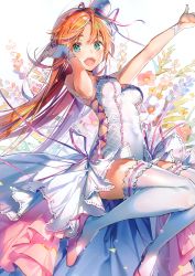Rule 34 | 1girl, absurdres, arm up, bare shoulders, blue eyes, breasts, bridal gauntlets, clothing cutout, cross-laced clothes, cross-laced cutout, dress, dsmile, floral background, flower, hair ornament, hand up, hat, high heels, highres, long hair, looking at viewer, medium breasts, mini hat, open mouth, orange hair, original, pink footwear, scan, shiny clothes, shiny skin, simple background, smile, solo, thighhighs, white thighhighs