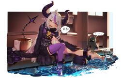Rule 34 | 1girl, absurdres, ahoge, ascot, bird, black dress, braid, braided bangs, bucket, crow, crow (la+ darknesss), cuffs, demon horns, demon tail, dress, foot bath, highres, hololive, horns, korean text, ksb (qwop03), la+ darknesss, la+ darknesss (1st costume), long hair, looking at viewer, multicolored hair, purple thighhighs, shackles, sidelocks, single barefoot, single thighhigh, sitting, solo, speech bubble, streaked hair, tail, thighhighs, towel, translation request, very long hair, very long sleeves, virtual youtuber, wading pool, wooden bucket, yellow ascot, yellow eyes