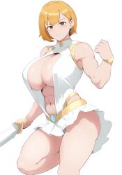 Rule 34 | 1girl, absurdres, biceps, breasts, cleavage, cleavage cutout, clothing cutout, coco (setawar), gauntlets, highres, holding, holding sword, holding weapon, large breasts, looking at viewer, medium hair, navel, original, solo, sword, thighs, weapon