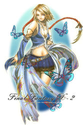Rule 34 | 00s, 1girl, bare shoulders, blue eyes, breasts, brown hair, bug, butterfly, cleavage, detached sleeves, female focus, final fantasy, final fantasy x, final fantasy x-2, gradient background, green eyes, heterochromia, highres, insect, jewelry, long hair, midriff, miniskirt, navel, necklace, ponytail, skirt, solo, very long hair, white background, yuna, zin amami