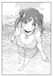Rule 34 | 1girl, absurdres, artist request, bare legs, bare shoulders, barefoot, breasts, cleavage, commentary request, double bun, fisheye, full body, greyscale, hair bun, hair ornament, hairclip, highres, horizon, idolmaster, idolmaster shiny colors, large breasts, long sleeves, looking at viewer, monochrome, ocean, off shoulder, shallow water, short twintails, solo, sonoda chiyoko, standing, twintails, water