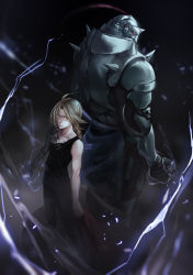 Rule 34 | 017m, 2016, 2boys, ahoge, alphonse elric, armor, artist name, back-to-back, bare arms, bare shoulders, belt, black pants, black shirt, blonde hair, braid, brothers, clenched hand, closed mouth, collarbone, commentary, dated, edward elric, electricity, from above, fullmetal alchemist, glowing, glowing eyes, height difference, long hair, looking at viewer, male focus, single mechanical arm, multiple boys, pants, shirt, shoulder spikes, siblings, spikes, standing, tank top, toned, torn clothes, yellow eyes