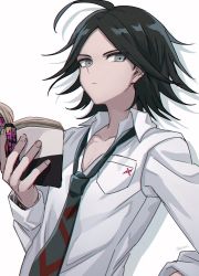 Rule 34 | 1boy, ahoge, black hair, book, breast pocket, brown hair, closed mouth, collarbone, collared shirt, commentary request, danganronpa, danganronpa/zero, danganronpa (series), grey eyes, haizai, hand up, highres, holding, holding book, long sleeves, looking at viewer, male focus, matsuda yasuke, necktie, open book, parted bangs, pocket, shirt, simple background, solo, striped, twitter username, upper body, white background, white shirt