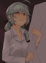 Rule 34 | 1girl, 1other, absurdres, ahoge, aima imoko0327, arm hug, black background, black ribbon, blouse, brown eyes, collared shirt, commentary request, dark, dress shirt, frown, grey hair, hair between eyes, hair ribbon, hamanami (kancolle), highres, kantai collection, long hair, long sleeves, ribbon, shirt, simple background, snot, sweat, nervous sweating, upper body, white shirt