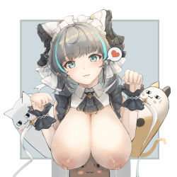 Rule 34 | 1girl, absurdres, ahoge, aqua eyes, aqua hair, azur lane, bare shoulders, breasts, cat, cheshire (azur lane), closed mouth, detached sleeves, dress, earrings, framed breasts, frilled hairband, frilled ribbon, frills, grey hair, hairband, head tilt, heart, highres, inverted nipples, jewelry, lactation, large breasts, light smile, long ribbon, looking at viewer, maid, maid headdress, multicolored hair, nipples, paw pose, ribbon, smile, streaked hair, yusha m