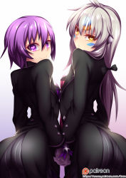 Rule 34 | 2girls, aisha landar, ass, breasts, butler, elsword, eve (elsword), facial mark, female butler, fi-san, forehead jewel, formal, gloves, gradient background, hair between eyes, heart, heart-shaped pupils, holding hands, large breasts, long hair, looking at viewer, looking back, multiple girls, purple eyes, purple hair, short hair, smile, standing, suit, symbol-shaped pupils, tailcoat, white hair, yellow eyes