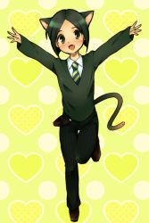 Rule 34 | 1boy, androgynous, animal ears, arms up, bad id, bad pixiv id, black hair, blush, bob cut, cat boy, cat ears, cat tail, command spell, fang, fate/stay night, fate/zero, fate (series), full body, green eyes, heart, kemonomimi mode, male focus, naiya, necktie, open mouth, parted bangs, smile, solo, tail, waver velvet
