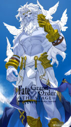 Rule 34 | 1boy, abs, absurdres, ancient greek clothes, animal, animal on shoulder, bara, beard, bird, bird on shoulder, black sclera, bulge, colored sclera, copyright name, artistic error, facial hair, fate/grand order, fate (series), feet out of frame, from below, gauntlets, gold, greco-roman clothes, highres, large pectorals, loincloth, long beard, male focus, mature male, mixiaomoyuwangdamo (wang da mo), mountain, muscular, muscular male, navel, nipples, old, old man, pectorals, pigeon, short hair, smile, solo, standing, stomach, thick thighs, thighs, topless male, zeus (fate)