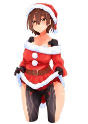 Rule 34 | 1girl, alternate costume, android, belt, blush, breasts, brown eyes, brown hair, christmas, closed mouth, clothes lift, collarbone, commentary, cowboy shot, dress, dress lift, eyelashes, gluteal fold, hair between eyes, hat, highres, hololive, looking at viewer, maco (yamamac), mechanical arms, medium breasts, off-shoulder dress, off shoulder, pom pom (clothes), red dress, red hat, roboco-san, santa costume, santa dress, santa hat, short hair, simple background, smile, solo, thighs, virtual youtuber, white background