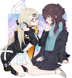 Rule 34 | 2girls, aqua necktie, black coat, black jacket, black skirt, blue archive, blush, braid, brown hair, closed mouth, coat, female sensei (blue archive), finger to another&#039;s mouth, glasses, grey hair, hair ornament, hairclip, halo, headphones, headphones around neck, jacket, kotama (blue archive), long hair, long sleeves, multiple girls, necktie, off shoulder, open clothes, open coat, open jacket, parted lips, purple eyes, red eyes, sensei (blue archive), senta (ysk 0218), side braid, simple background, sitting, skirt, sweat, sweater, white skirt, yuri