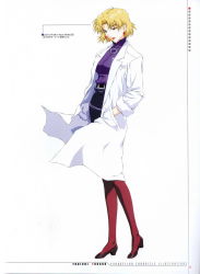 Rule 34 | 1girl, akagi ritsuko, artist name, belt, black footwear, black skirt, blonde hair, blue shirt, closed mouth, coat, concept art, copyright name, earrings, from side, fukano youichi, full body, green eyes, hand in pocket, high heels, highres, jewelry, lab coat, lipstick, looking down, makeup, miniskirt, mole, mole under eye, neon genesis evangelion, non-web source, official art, open clothes, open coat, page number, pantyhose, parted bangs, pencil skirt, red lips, red pantyhose, scan, shirt, shoes, short hair, simple background, skirt, sleeves rolled up, solo, standing, turtleneck, white background, zipper